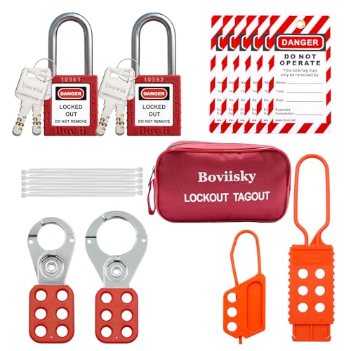 Boviisky Lockout Tagout Kit with Red Safety Padlocks, Hasps Set, Loto Tags, Bag, Electrical Lock Out Tag Out Kits, 2 Keys Per Locks