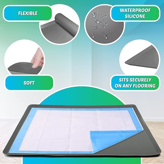 Image of TidyFriend 2 Pk Dog Pee Pad Holder Tray Fits for 27.5 inch x 44 inch Pee Pads with Corner Lock Holes, Raised Edges, Non-Spill, Easy to Clean Silicone Dog Potty Tray Holder, for Indoor Floor Protection (Grey)