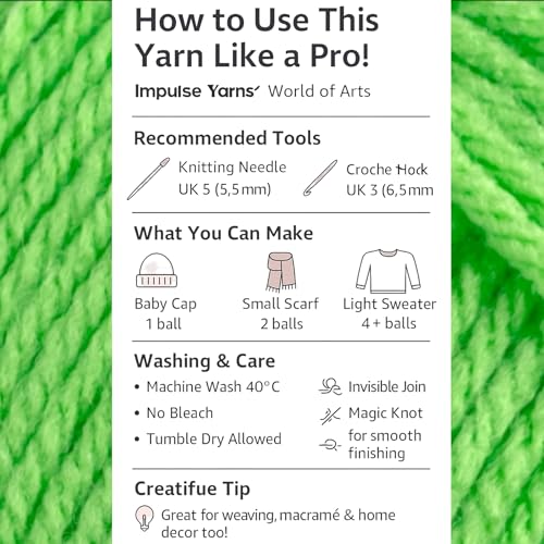 Image of WOAFashions Impulse Hand Knitting & Crochet Yarn, Premium Acrylic, 4 : Medium (Lime) (2x100gms / 3.5oz / 200mtr / 218yds)