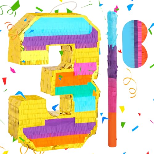 Piñata Anniversaire 3 Ans Arc-en-Ciel S avec Bâton et Masque pour Fête Enfant