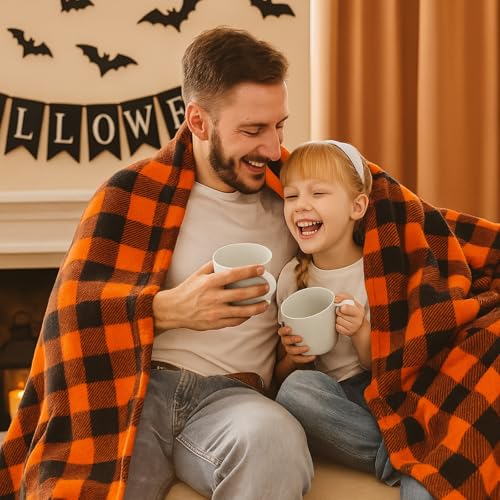Image of BEDELITE Halloween Blanket for Decor & Gift, Orange and Black Buffalo Plaid Twin Blanket for Couch Bed, Soft & Warm Fleece Blanket for Women Men, 60 inchx80 inch