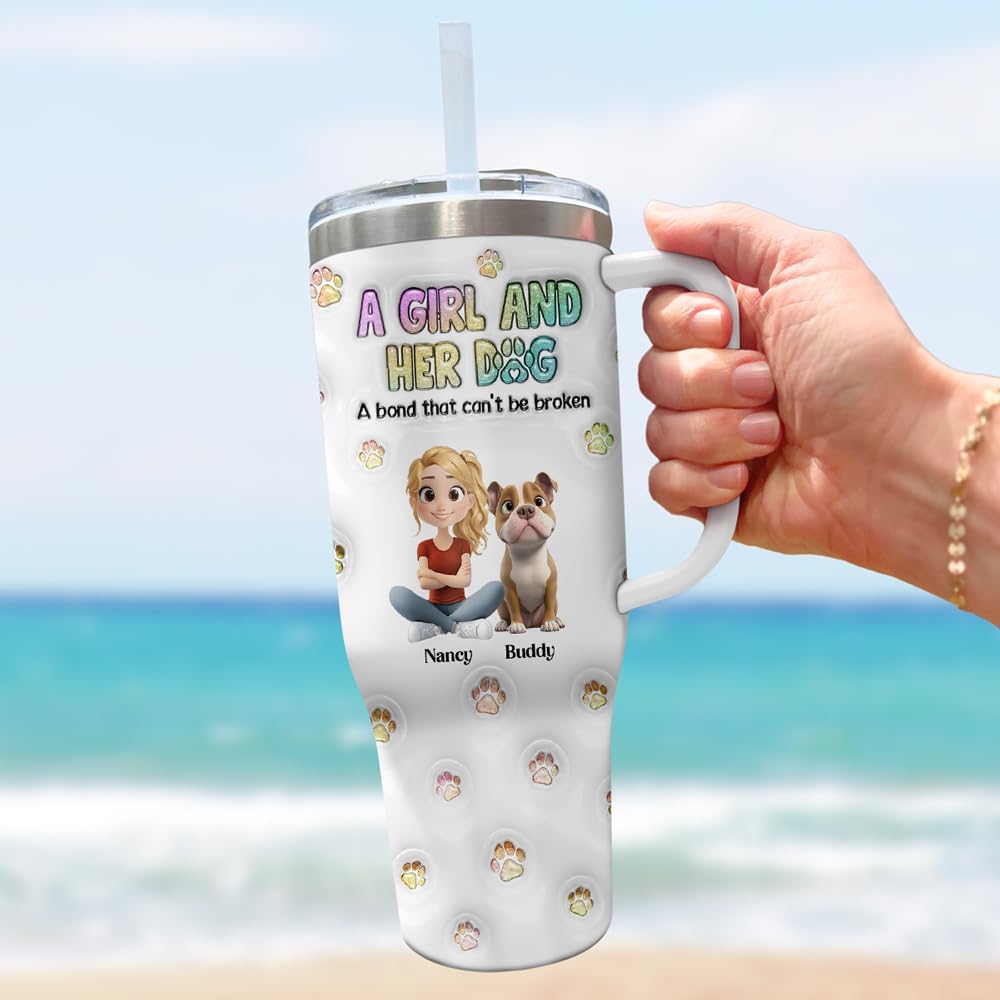Wrappiness Tumbler A Girl And Her Dog - Personalized 3D Inflated Effect 40Oz Tumbler with Handle, Gifts for Dog Mom Women on Mothers Day Valentines Day Birthday Fur Mama Travel Cup (T01, 2 Dogs)