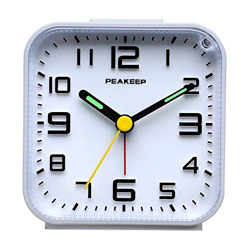 Image of Peakeep 3D Numbers No Tick-Tock Analog Alarm Clock with Classic Beep Sound, Snooze, Manual Light and Battery Powered Small for Travel (White-3D)