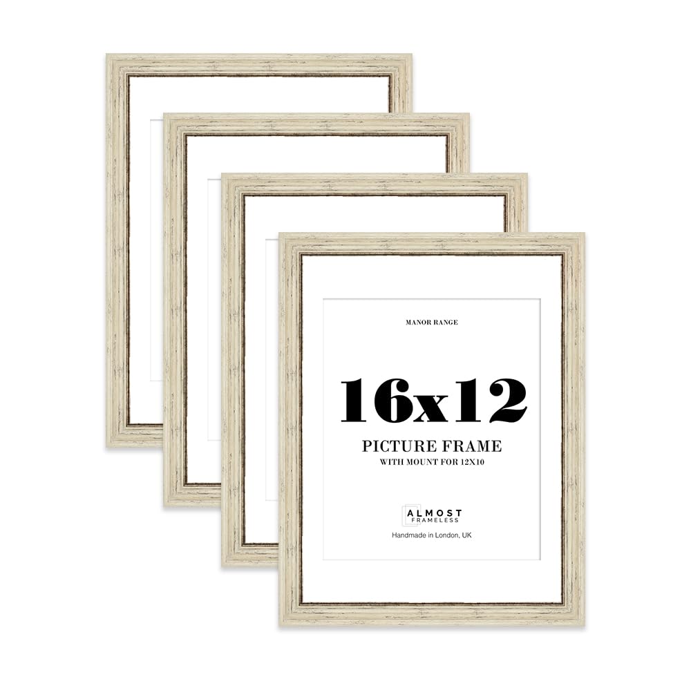16x12" Distressed Cream Picture Frame - 16x12" Frame with 12x10" Mount for 16x12"/12x10" Pictures Vintage Style Ideal for Home Gallery Display, 4 Pack