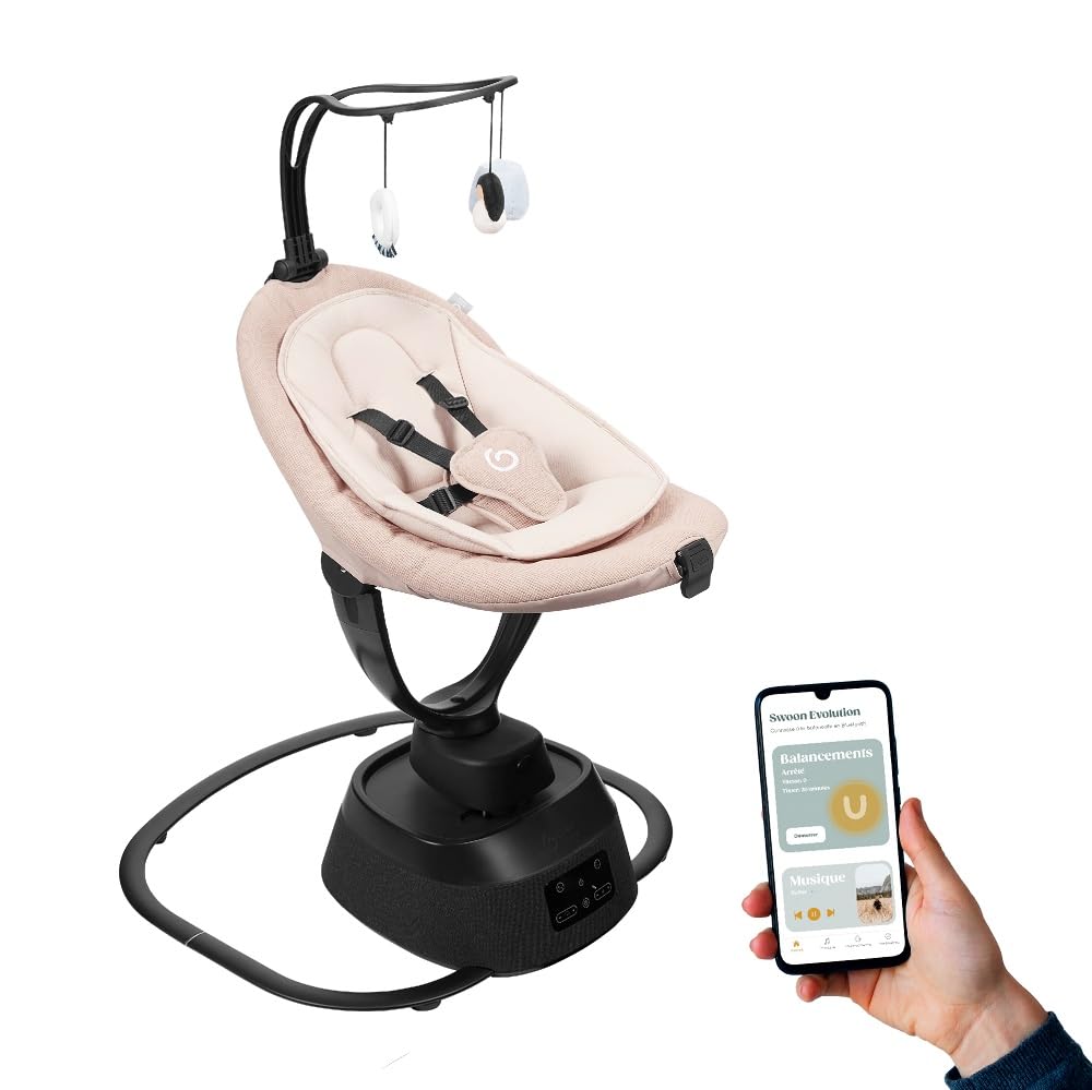 Babymoov Balancín eléctrico bebé Swoon Evolution Mocca - Conectado con aplicación móvil - Streaming musical,grabación de voces,canciones de cuna personalizadas - Asiento de 360°-Reductor recién nacido
