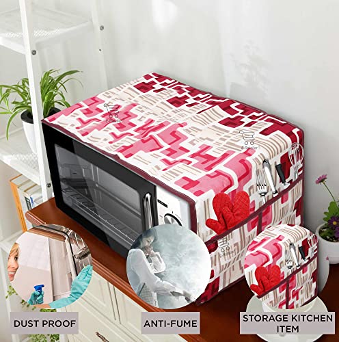 Image of Polyester 3-Layered With 4 Utility Pockets Microwave Oven Top Cover Suitable for Upto 30 Liter (Color- Red, Size-36x14 Inches)