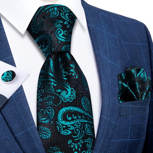 Image of DiBanGu Mens Paisley Tie Set Silk Woven Jacquard Necktie and Pocket Square Cufflinks Gift Set for Wedding Bussiness