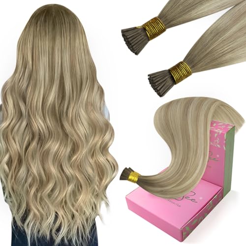 Image of YoungSee Itip Human Hair Extensions Blonde, I Tip Hair Extensions Human Hair, Ash Blonde Ombre Platinum Blonde, Hair Extensions I Tip, 20 Inch 50g 50 Strands, for Natural Appearance