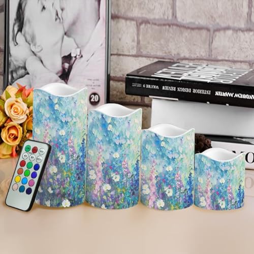 Image of Blue Floral Plastic Flameless Candles with Remote Control and Timer LED Flickering Battery Operated Color Changing Electric Pillar Candles for Table Weddings Gifts Home Decoration