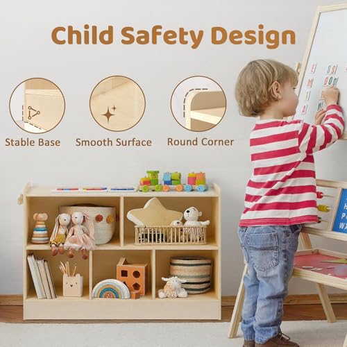 Image of Wooden Kids Storage Cabinet, 5-Section Toddler Montessori Bookshelf, Kids Organizer for Classroom, Playroom, Kindergarten, Medium Size