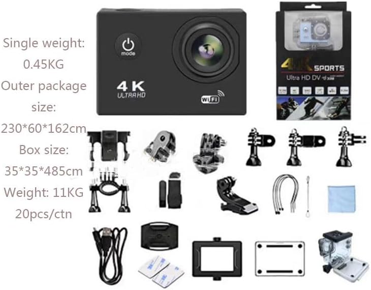 Contents of the 4K Action Camera package including camera, waterproof case, USB cable, and various mounting accessories.