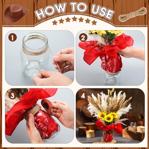 Image of Wonderjune 135 Pcs Western Cowboy Table Centerpieces Cowgirl Rodeo Party Decor with Mason Jar Bandannas Mini Hat Sunflowers Pampas for Cowboy Cowgirl Baby Shower Birthday Wedding Party Decor(Red)