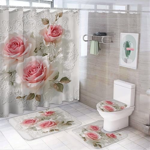 XZDXZD Pink Roses Lace Shower Curtain Sets with Rugs for