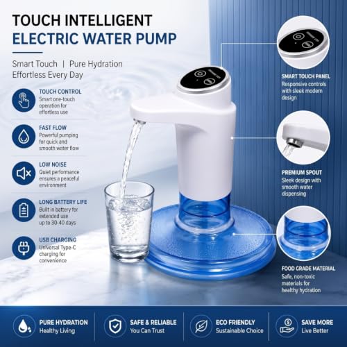 Image of Automatic Water Dispenser Pump with 600ml Quantitative Control | Rechargeable Battery, Wireless Smart Touch Water Bottle Pump for 20 Litre Can, Home, Office, Kitchen (White) - 600 ML
