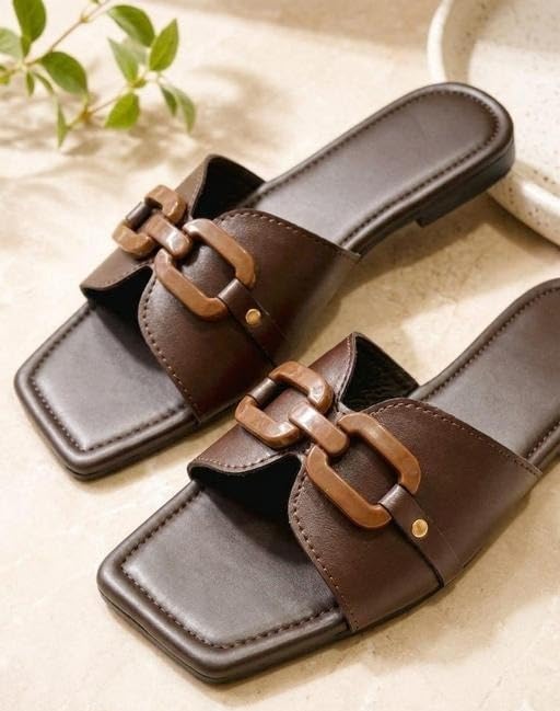 Image of SHINE Modern Traditional Brown Flats for Women | Elegant Square Toe Slip-On Sandals with Interwoven Strap & TPR Sole