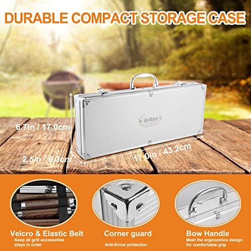Grilljoy 20Pcs Heavy Duty Bbq Grill Tools Set - Extra Thick Stainless Steel Spatula, Fork& Tongs. Complete Barbecue Accessories Kit In Aluminum Storage Case - Perfect Grill Gifts For Men #TOP5