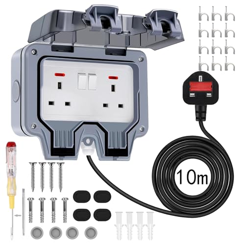 Drezesov 6M Double Outdoor Socket Waterproof Socket with 6M Waterproof Extension Lead IP66 Wall Electrical Outlets Plug 13Amp 2 Gang Switched Power Socket Cover Weatherproof Wall Plug Socket Box