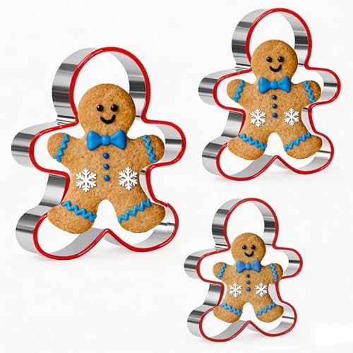3 Pcs Gingerbread Man Cookie Cutters Set Gingerbread Biscuit Cutters Stainless Steel Cookie Cutter with Red Edge for Valentines Day Birthdays Christmas Biscuit Shapes(9cm 11cm 13cm)