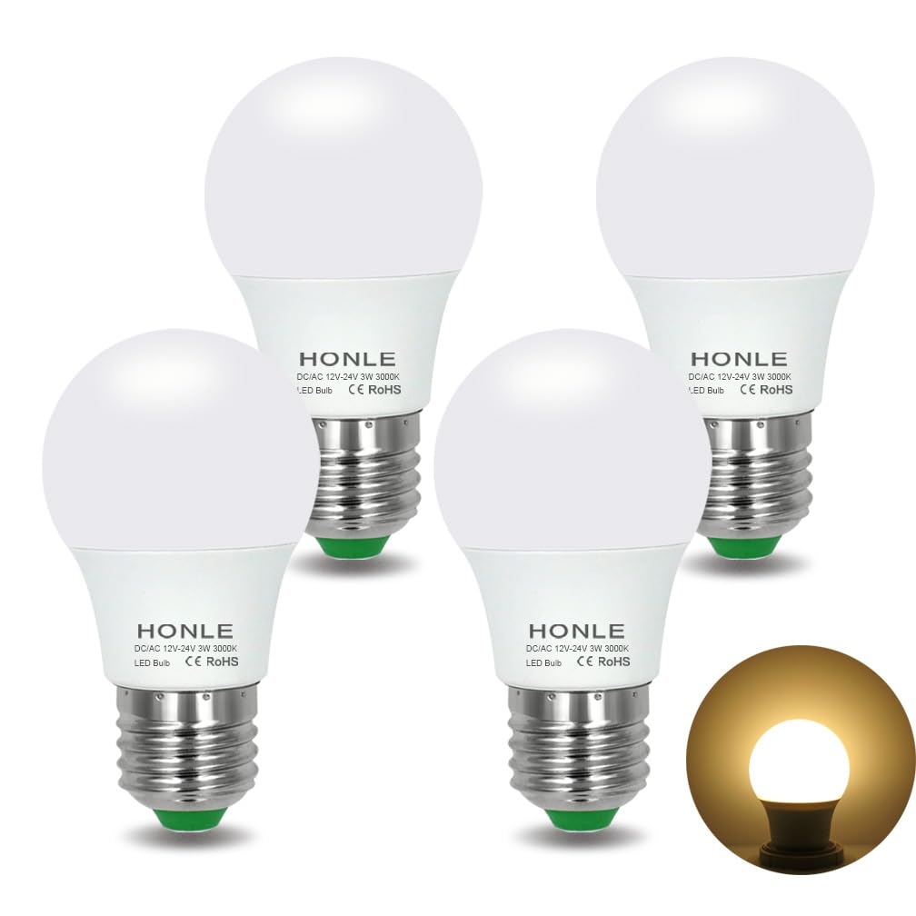 12-24V 3W AC/DC Low Voltage LED Light Bulbs Warm White 3000K E26/E27 Edison Standard Screw Base Replace 25W for Off Grid Solar Panel Project Pack of 4