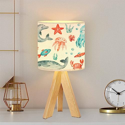 Image of DQWIJAKX91 Tripod Table Lamp Ocean Animals Fish Modern Bedside Dimmable Desk lamp Wooden Base Fabric Lampshade for Kids Room, Nursery, Bedroom, Living Room