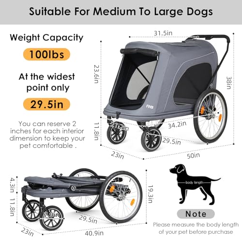 Image of R8 Pro Extra Large Foldable Pet Stroller, Dog Stroller & Pet Trailer for Large Dogs Under 100 lbs, Unmovable, Disabled & Pregnant Dogs - Conveniently Carriable by Bike and Car, Grey