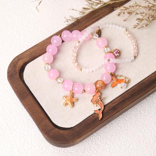 Image of LZ Emotion 2 Pcs Mermaid Bracelet Set Beaded Mermaid Charm Bracelets Starfish Summer Jewelry Mermaid Gifts Birthday Party Decoration