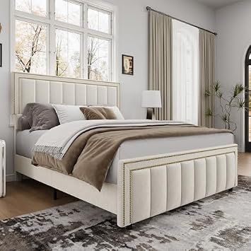 BarnFurin Queen Bed Frame Chenille with Tall Nailhead Trim Headboard, Beige