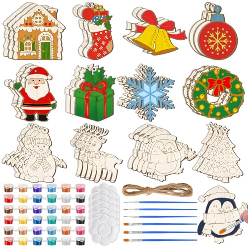 Jenaai Conjunto de 36 kits de pintura DIY de Natal, conjunto de enfeites de madeira, boneco de neve, árvore de Natal, presentes de artesanato, lembrancinha de festa de aniversário para crianças