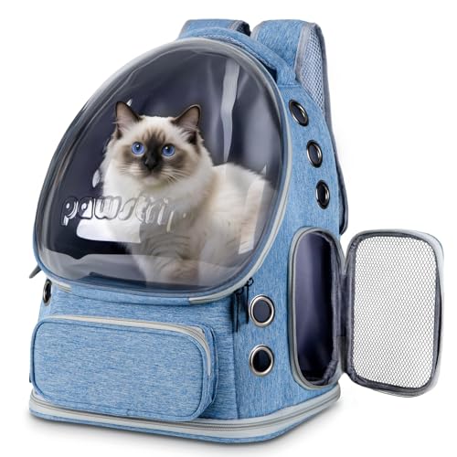 pawstrip 猫 犬 リュック ペットキャリー リュック 猫 キャリーバッグ 小型犬用 宇宙船 透明 ペットキャリー 耐久性 通気性 折り畳み式 収納便利 通院 旅行 散歩 災害避難 お出かけ用 脱走防止 サイドジッパー付き（ブルー）の商品画像（Amazon）