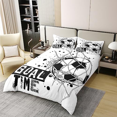 Homewish Kids Football 100% Washed Cotton Comforter Cover Single Soccer Bedding Set Sports Games Duvet Cover for Boys Girls Children Teens Geometric Polygon Quilt Cover for Bedroom,Black White - Image 2