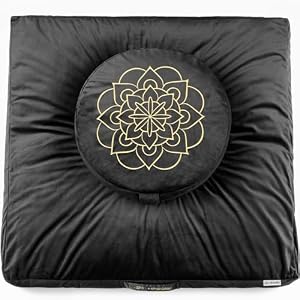 Hihealer Meditation Cushion Set Large Velvet Floor Pillow & Traditional Tibetan Yoga Bolster for Adults Zafu Meditation Mat with Buckwheat Filling (Black)