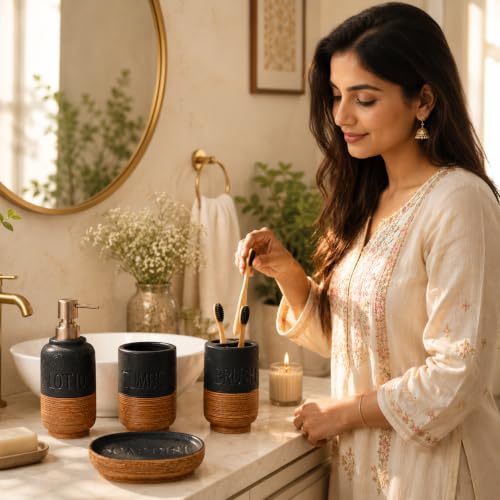 Image of Market99 Ceramic Bathroom Set Matte Black & Brown with Sophisticated Wooden Elegance Pattern, Includes Soap Dispenser, Tumbler, Toothbrush Holder, & Soap Dish for Coordinated Bathroom Style, 350ML
