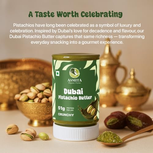 Image of Asmita Organic Farms Dubai Pistachio Butter 250g | Made with 84% Pistachios & Crunchy Puffed Quinoa | High Protein Spread | No Added Sugar | Healthy Breakfast, Snack & Dessert Spread
