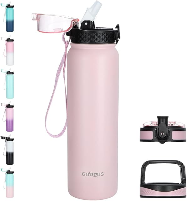 GOPPUS 1L/32oz Stainless Water Bottle with Straw 1 Litre Hot Thermal Water Flask Double Wall Steel Water Bottles Insulated Water Bottles Leakproof Cold Water Bottle Adult Flip Top Drinking Bottle