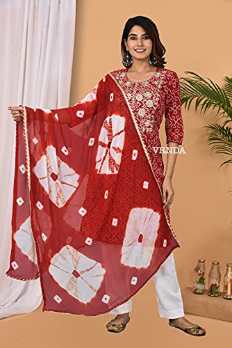 Vrnda Women's Cotton Indian Bandhej Print Straight Kurta Set Yoke Embroidery Kurti With Pant and Dupatta Set Dress3