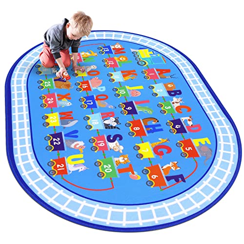 HiiARug Kids Carpet Playmat Rug ABC Alphabet, Numbers, Train and Road Themed Playing Educational Classroom Rug Fun Game Play Area Rug for Kids Bedroom, Toddler Classroom and Baby Playroom Decor