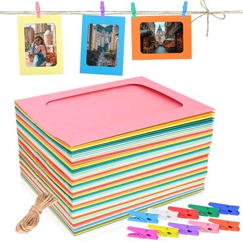Neworkg 50 Pack 4x6 Colorful Paper Picture Frames with Wooden Clips