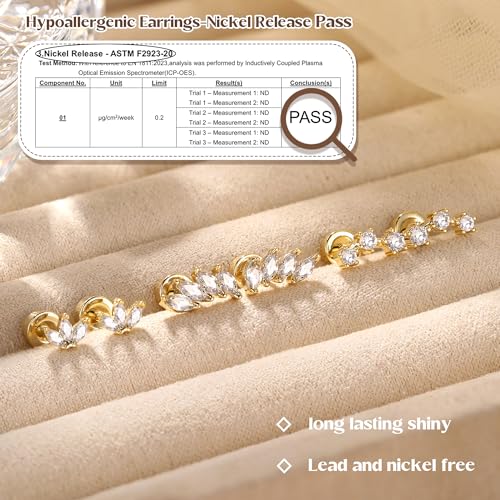 YADOCA Sterling Silver Flat Back Earrings for Women Hypoallergenic 14K Gold Plated Flatback Stud Earrings Trendy Cartilage Helix Conch Tragus Piercing Jewelry 3 Pairs Dainty CZ Opal Earring Set2