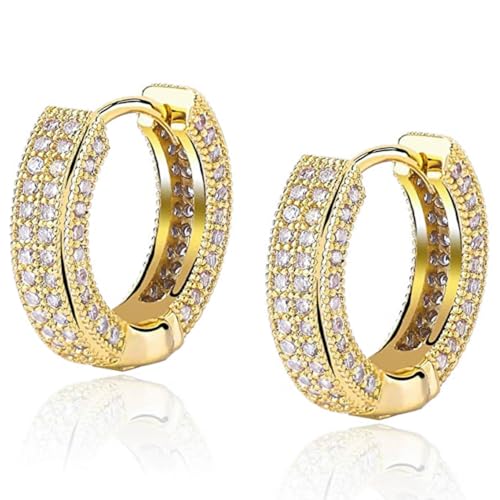 Men's Women's Elegant Luxury Fashion Round Circle Fully Iced 5A Cz Yellow Gold 925 Sterling Silver Cubic Zirconia Huggie Small Hoop Earrings Gifts For Men Women