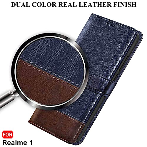 Image of TheGiftKart Flip Back Cover Case for Realme 1 | Dual-Color Leather Finish | Inbuilt Stand & Pockets | Wallet Style Flip Back Case Cover for Realme 1 (Blue & Brown)