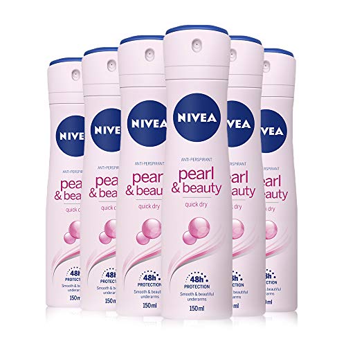 NIVEA Pearl & Beauty - Desodorante en spray para mujer, 6 x 150 ml, con extracto de perla para piel brillante y suave, desodorante antitranspirante en spray para 48 h