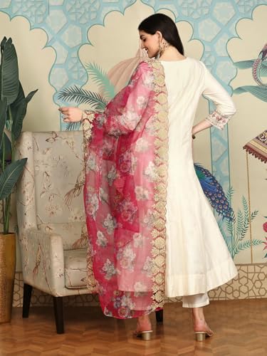 Image of ishin White Floral Embroidered Thread Work Straight Kurta With Trousers & Dupatta | Kurta set for women | Kurta with trousers and dupatta