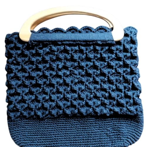Bolsa Feminina Artesanal em Crochê com Alça de Mão de Madeira - Azul Marinho - Dorah