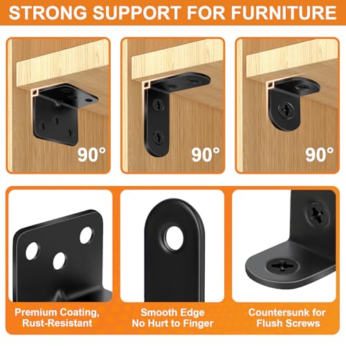 Image of 34 Pack L Bracket Corner Brace Kit, 4 Sizes Stainless Steel L Brackets for Wood Shelves, 90 Degree Right Angle Bracket, Black Metal Corner Brackets for Furniture Cabinet Drawer Chair with 104 Screws