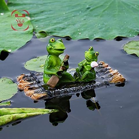 JunziWing Resin garden decorations, pond resin floating bamboo raft frog statue, outdoor garden pond decoration home fish tank garden decoration desk decoration Cover