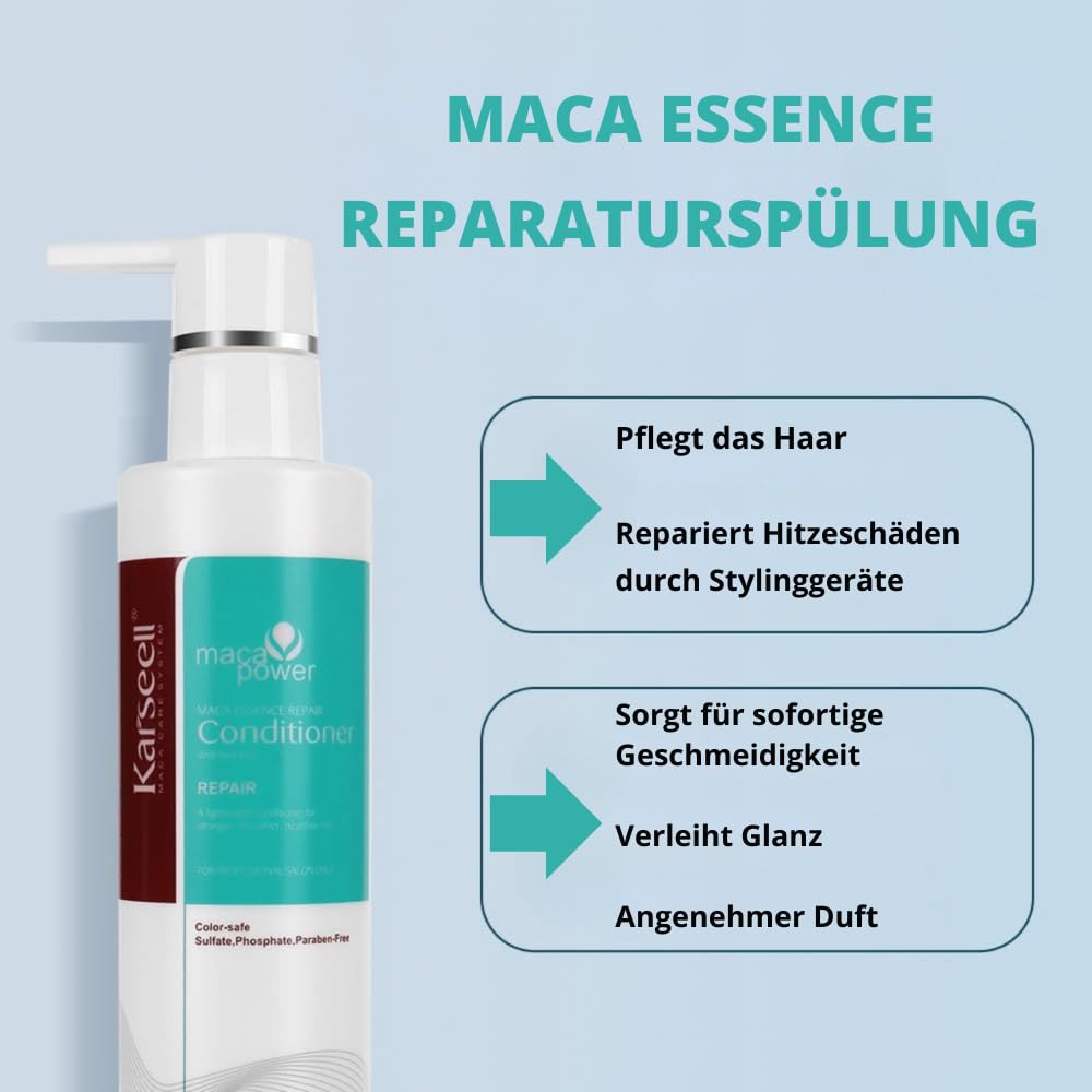 Karseell MACA CARE SYSTEM Set Volumen Shampoo + Reparierender Conditioner Arganöl Panthenol Volumen Reparatur Feines Trockenes Geschädigtes Haar Ohne Sulfate und Parabene 200ml x2