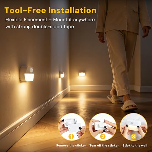 Image of L LOHAS LED Motion Sensor Step Lights Indoor, 6 Pack Battery Operated Stair Lights with Warm White 3000K, Wireless Stick-On LED Night Lights for Hallway, Bedroom, Under Cabinet, Kitchen