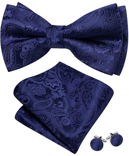 Image of YOHOWA Paisley Striped Men Bow Tie Pre-Tied Formal Adjustable Colorful Bowties Handkerchief Cufflinks Set Wedding Party