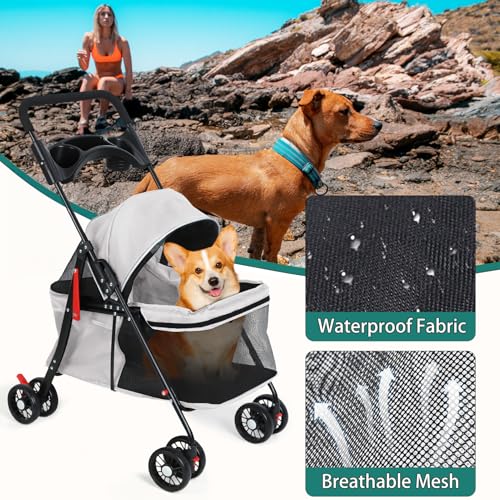 2in1 Hundewagen, Hundebuggy mit 1 Getränkehaltern, Hundebox Transporttasche Faltbar klappbar mit Feststellbremse, Bollerwagen für Hunde, 48 cm * 68 cm * 95cm (Grau)