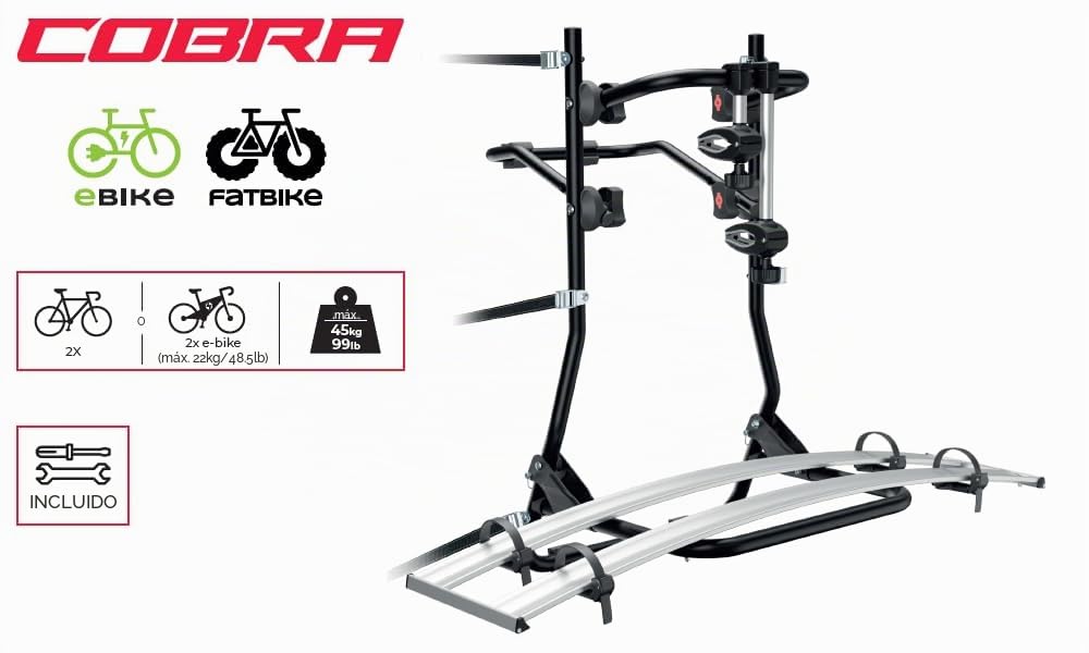 MENABO Cobra 000134300000 Portabicicletas Trasero de portón Compatible para 2 Bicicletas de Gran tamaño, como E-Bike, Fat Bike 45 kg